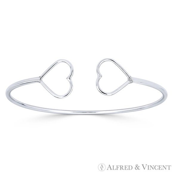 13x15mm Double Heart Charm Open-Cuff Bangle Bracelet in .925 Sterling Silver - Picture 1 of 1